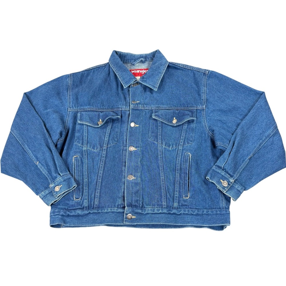Vintage 90s Wrangler Hero Denim Jacket Mens Large Blue Jean Trucker 100% Cotton